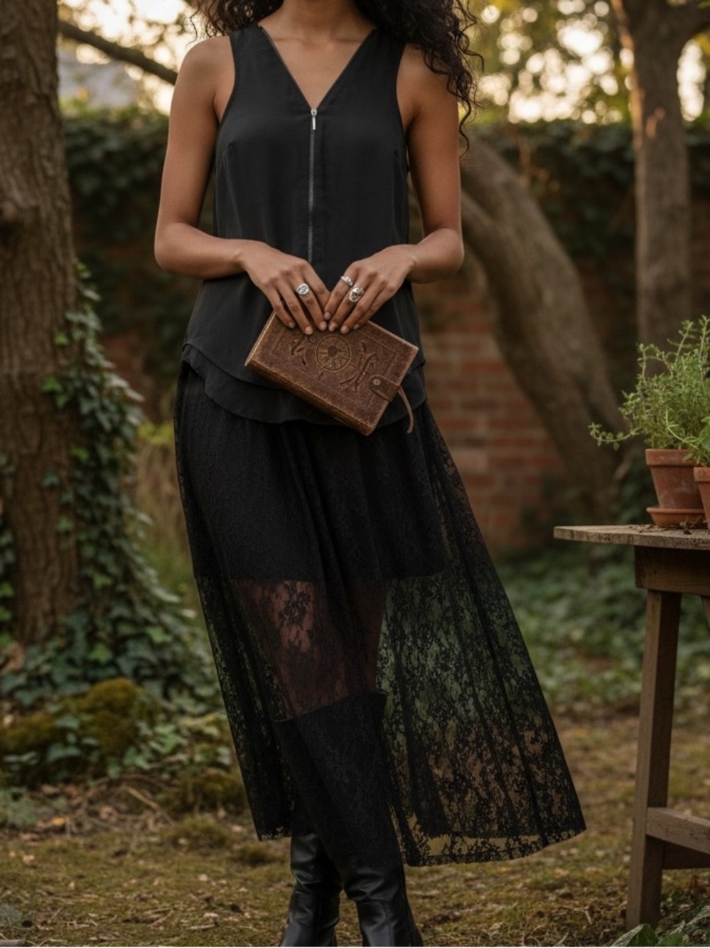 Black Zip Front Sleeveless Blouse Minimal Witchy Dark Boho Layering Top
